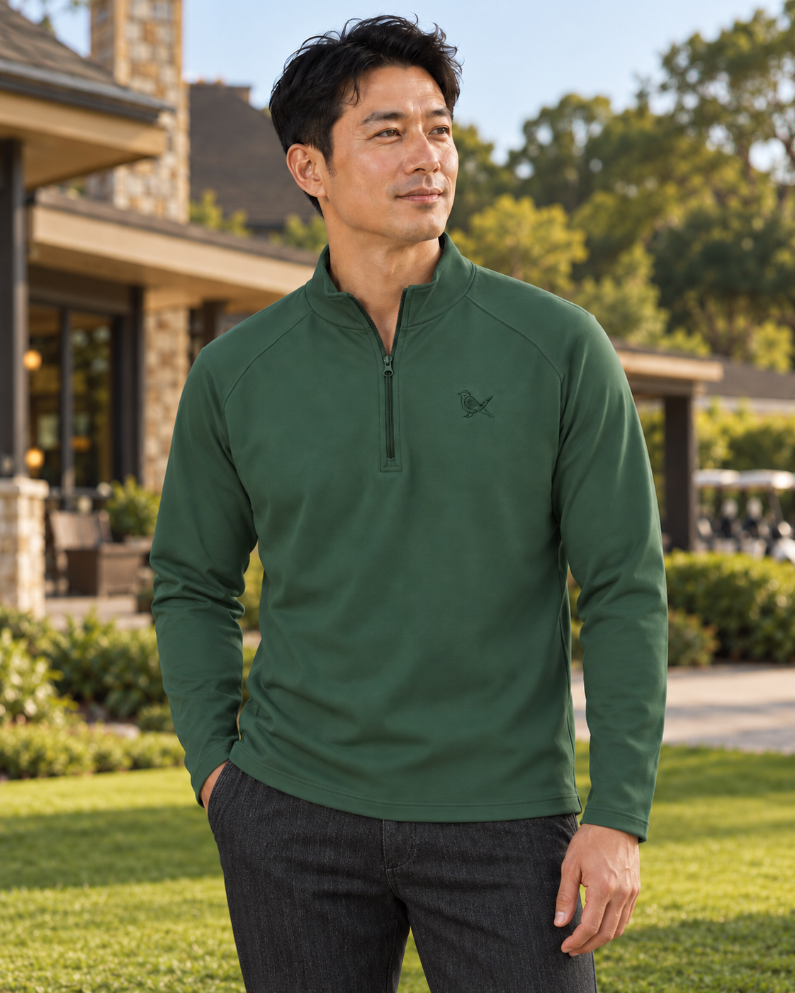 Range Zip worn in Forest Green