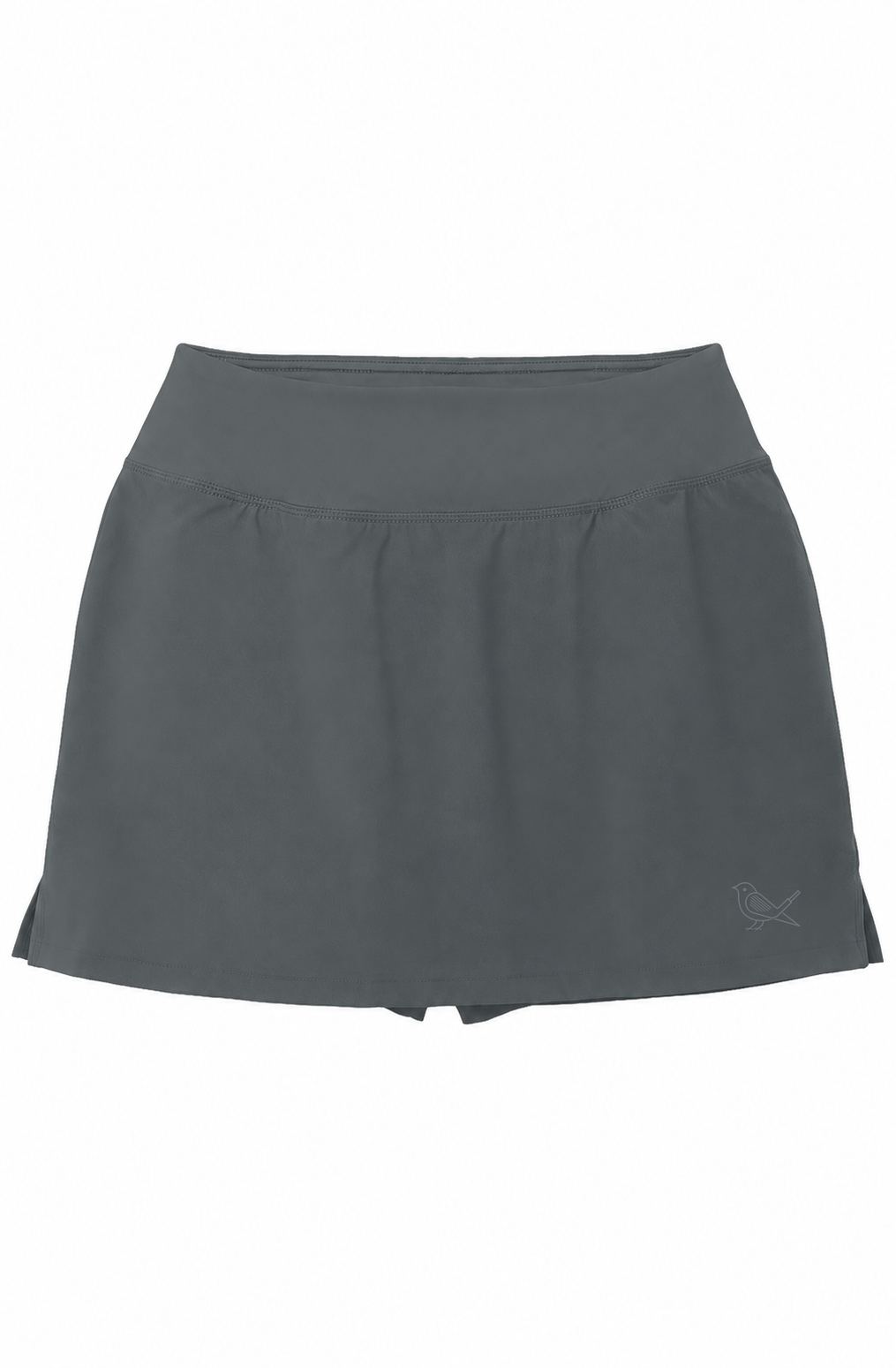 Approach Skort in Iron Grey with tonal bird logo, product mockup | Iron Muse Golf