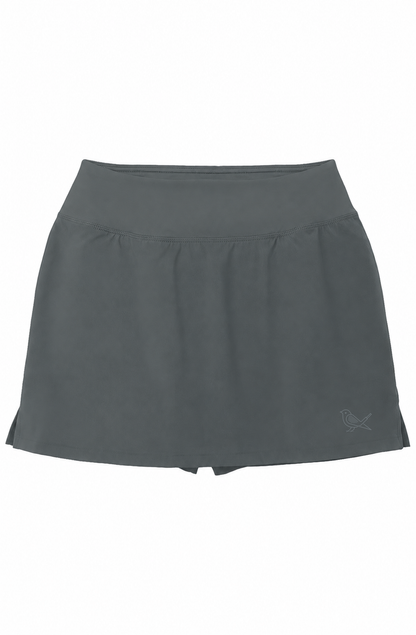 Approach Skort in Iron Grey with tonal bird logo, product mockup | Iron Muse Golf