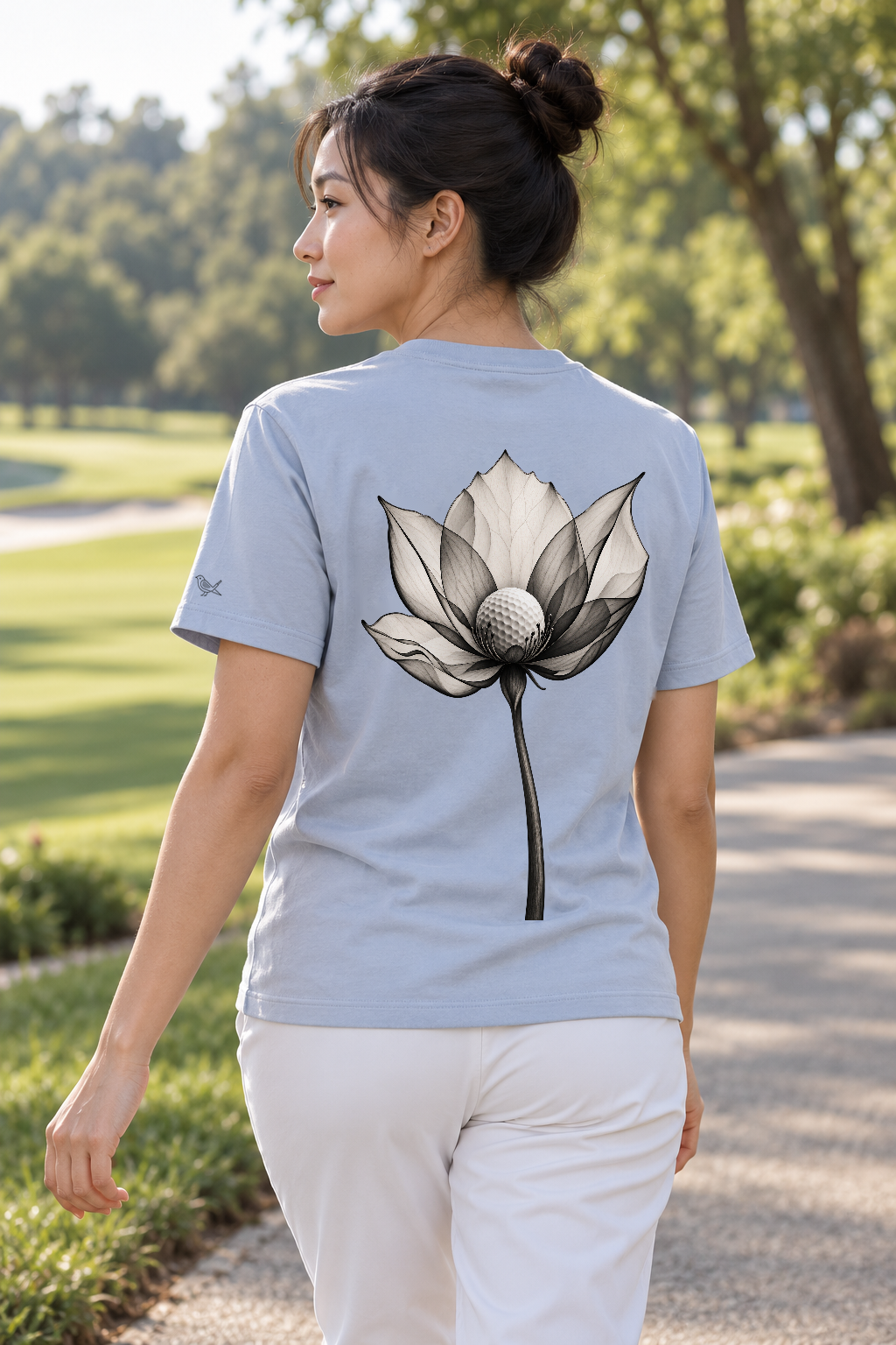 Flora Tee worn in Sky Blue