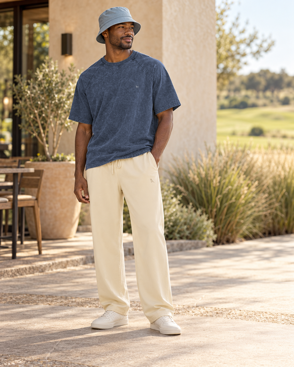 Take the Long Way: Apricot Wayfarer Straight Pant, Navy Blue Range Tee, Powder Sunday Bucket.