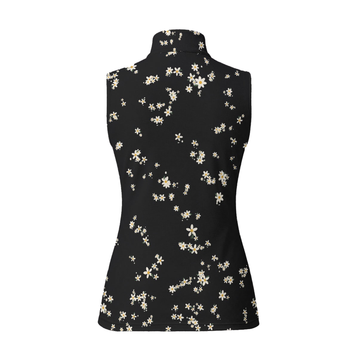 Wildflower Zip Polo, black with white and yellow daisies, back view on white
