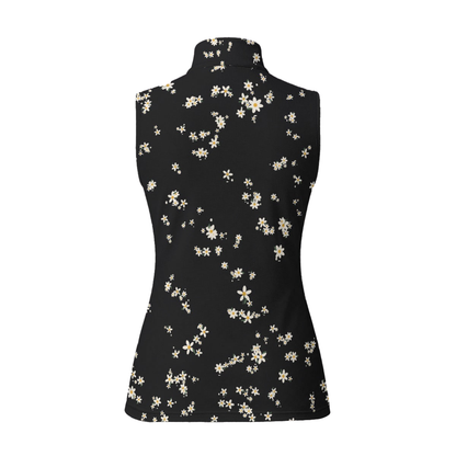 Wildflower Zip Polo, black with white and yellow daisies, back view on white