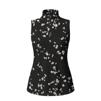 Wildflower Zip Polo, black with white and yellow daisies, front view on white