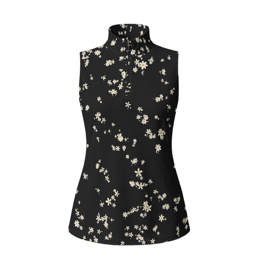 Wildflower Zip Polo, black with white and yellow daisies, front view on white